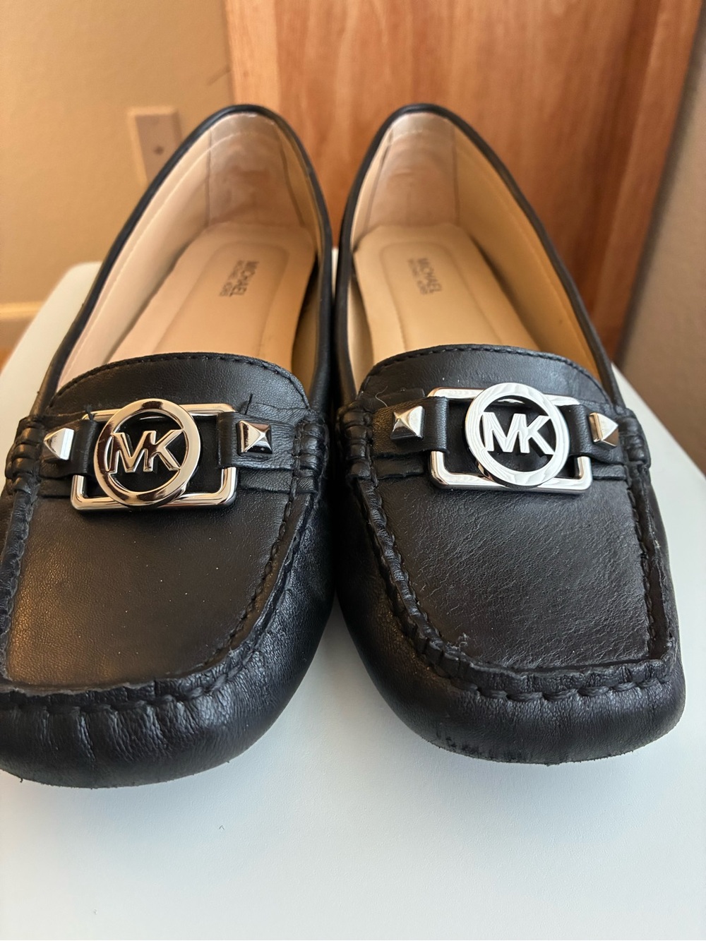 MICHAEL Michael Kors Black Leather MK Logo Loafers with Silver Hardware